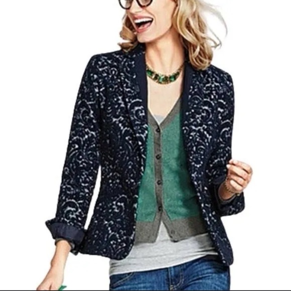Cabi Wool Blend Jacquard Navy and Gray Jacket size 12 - Picture 2 of 16